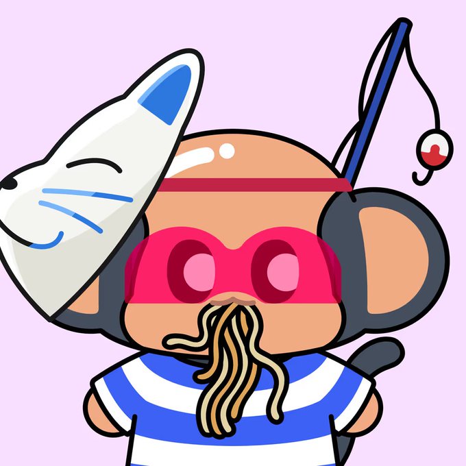 Cartoon illustration of a monkey character with a large pink/red headband, a mustache, holding a fishing rod with a red lure, wearing a blue and white striped shirt against a light pink background.