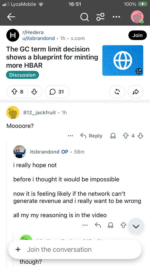 A screenshot of a Reddit thread in r/Hedera discussing a Governance Council term limit decision, where user itsbrandond expresses concern that this could set a precedent for minting more HBAR if the network fails to generate revenue, and replies "i really hope not" to another user's question.
