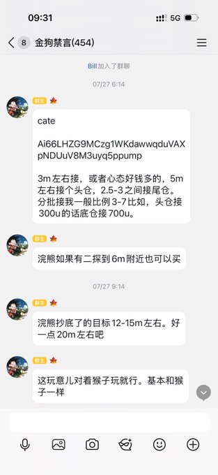 A Chinese chat group titled '金狗禁言(454)' showing a user 'cate' sharing a contract address (Ai66LHZG9MCzg1WKdaqwqd...pump) and giving crypto trading advice including targets of 12-15m and 20m.