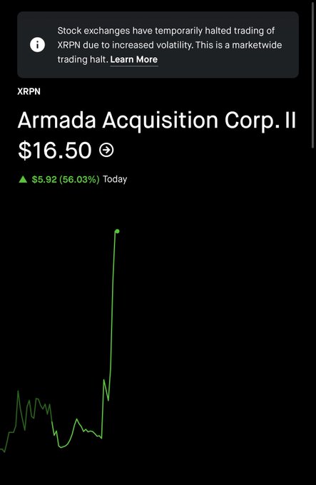 A stock chart for XRPN (Armada Acquisition Corp. II) showing a price of $16.50, up $5.92 (56.03%) today, with a notice that stock exchanges have temporarily halted trading due to increased volatility.