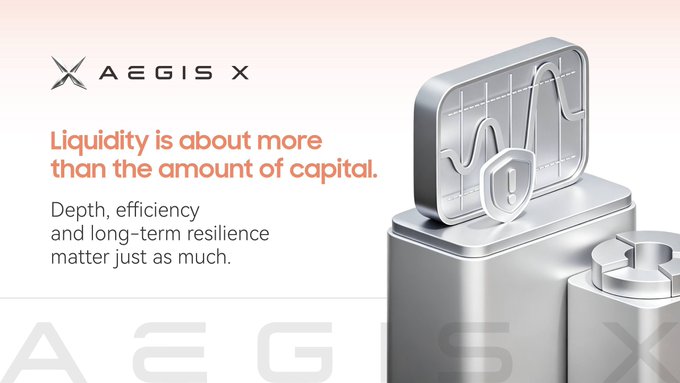 A promotional graphic for AEGIS X featuring the tagline "Liquidity is about more than the amount of capital," with subtext emphasizing that "Depth, efficiency and long-term resilience matter just as much." The design showcases metallic 3D-rendered objects including a chart display and security shield, reinforcing the brand's focus on robust and resilient liquidity solutions beyond mere capital volume.