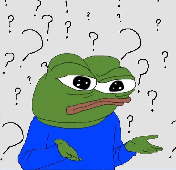 The 'Sad Pepe' meme depicts a green frog with large, sad eyes shrugging, surrounded by numerous black question marks on a gray background.