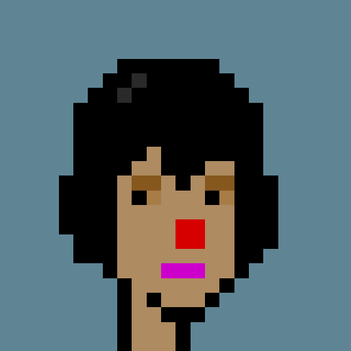 A pixel art portrait of a person with short black hair, tan skin, a red nose area, and pink lips against a solid blue background.