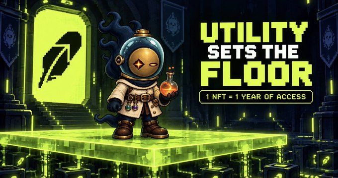 A pixel-art character wearing a gas mask and lab coat stands on a glowing green platform beside a feather logo, with bold text reading "UTILITY SETS THE FLOOR" and "1 NFT = 1 YEAR OF ACCESS." The image visually reinforces the post's message that Cifer NFTs stand apart from speculative collectibles by tying them directly to functional product access rather than hype-driven demand.