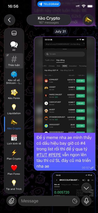 A Telegram group chat screenshot for 'Kèo Crypto' (167 members) displaying cryptocurrency price listings with green percentage gains, alongside Vietnamese text discussing meme coin trading strategies.