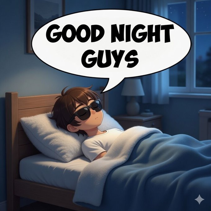 A cartoon boy with sunglasses lies in bed saying "GOOD NIGHT GUYS" while the nighttime scene reflects the post's theme of shutting out the AI noise and signaling rest before continuing the ARC Terminal's work on ANIMA.