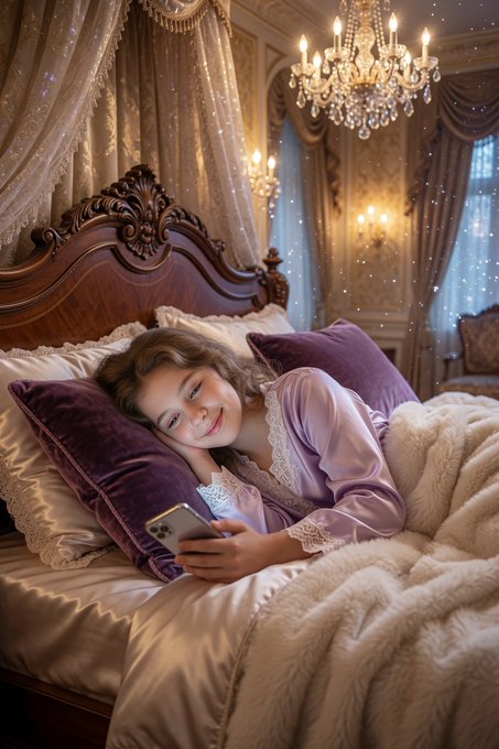 A young woman with brown hair lies on an ornate wooden bed with purple velvet pillows, wearing a lavender nightgown and smiling while looking at her phone in a lavishly decorated room with a chandelier.
