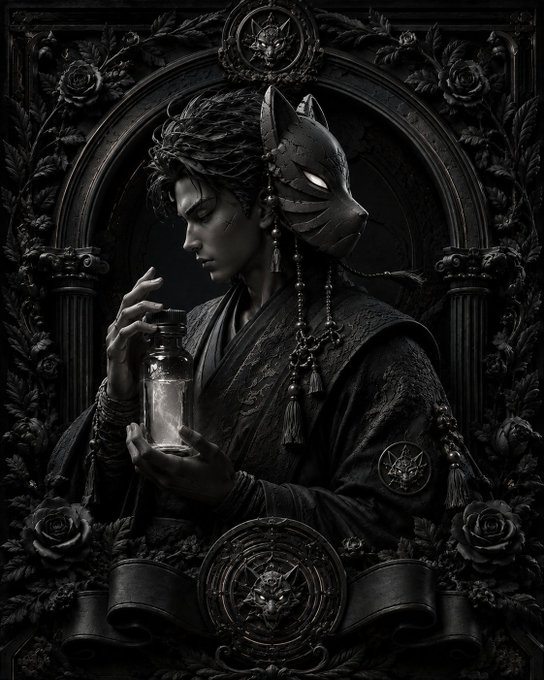 A dark, gothic-style digital artwork depicting a figure wearing a fox mask and traditional robes, holding a glowing jar, surrounded by ornate carvings of roses and mystical symbols.