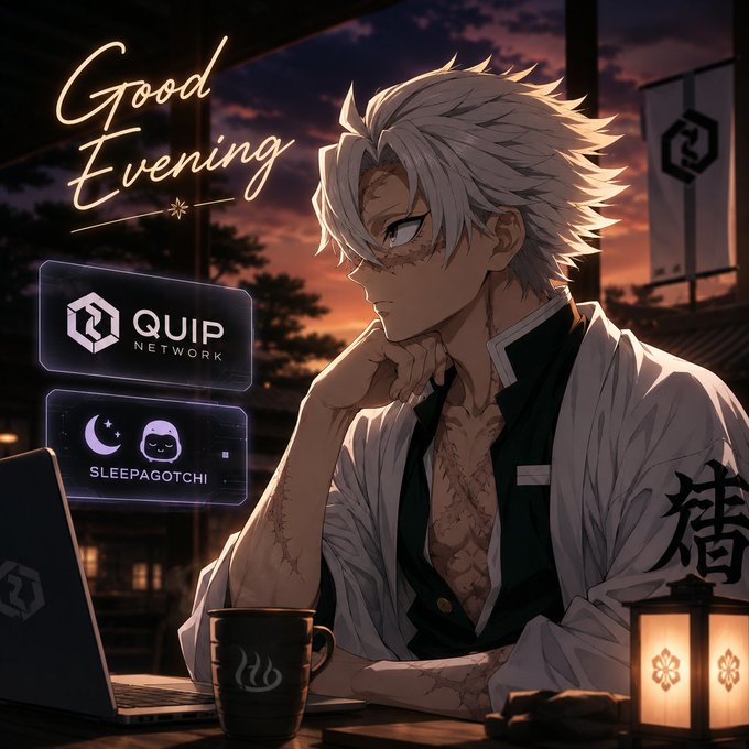 The image features a man sitting at a table with a laptop, holding a cup of coffee. There are two signs placed next to him that say "Good Evening Most networks ask users to participate. Few turn participation into compounding value. @quipnetwork quietly changes the model: → Contribute data → Provide compute → Create demand Each role feeds the same loop. The network doesn’t grow around users. It". This suggests that the man is working on a project related to the Quip network, and he is taking a break by enjoying his coffee while thinking about it.