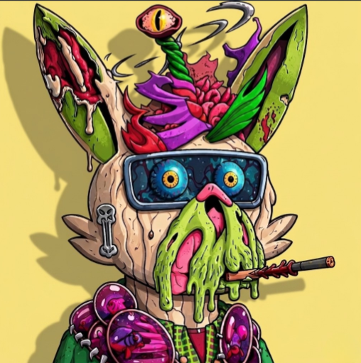 A cartoonish, glitch-art style rabbit character with exposed brain matter, glowing blue VR-style goggles, a dripping green face, a lit cigarette, and a single eyeball protruding from its head, adorned with colorful spiked accessories. The psychedelic, frenzied aesthetic of the chaotic creature complements the "Wabby Wednesday" crypto/NFT community greeting, embodying the surreal and absurdist humor typical of that culture's art style.