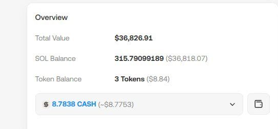 A digital wallet overview showing a Total Value of $36,826.91, with a SOL Balance of 315.79099189 ($36,818.07), 3 Tokens ($8.84), and $8.7838 CASH (-$8.7753).