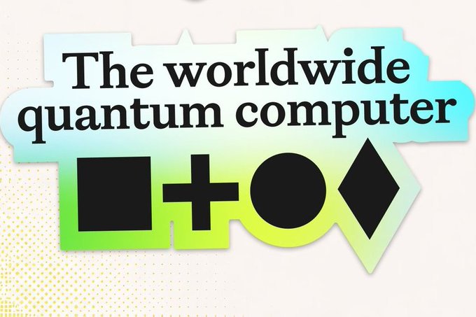 The image features a logo that reads "The worldwide Quantum Computer" written in black text against a white background. The logo includes various shapes such as squares, triangles, and circles, which are used to represent different elements of the Quantum Computing concept. These shapes are arranged in a way that they appear to be floating or interacting with each other, symbolizing the interconnected nature of Quantum Computing. This design choice highlights how diverse participants can contribute to the development and operation of a Quantum Computer network for various purposes.