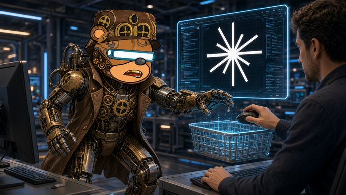 A digital artwork showing a person interacting with a holographic shopping basket on a screen while a steampunk-style bear wearing a virtual reality headset watches.