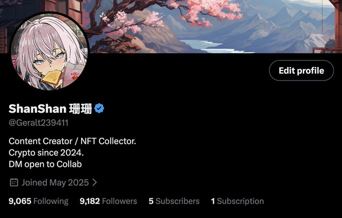 The image shows a Twitter/X profile for "ShanShan 珊珊" (@Geralt239411), a Content Creator/NFT Collector who joined in May 2025, with 9,182 followers, approaching the 10k follower goal mentioned in the post that will be celebrated with an upcoming NFT giveaway.