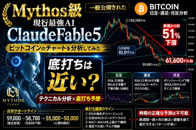 The image shows a chart that shows Bitcoin prices over time. The Bitcoin price has dropped by 50% from its initial high of 126,150 dollars, which reached its peak value at that point. Since then, the price has experienced significant fluctuations, reaching as low as 61,600 dollars and finally recovering to around 51,800 dollars. The post also includes some text about Mythos AI, which is an AI system that was trained to analyze Bitcoin trends, predict future prices, and forecast market changes. Based on this analysis, the AI forecaster determines that Bitcoin will continue to drop at a relatively steep rate.