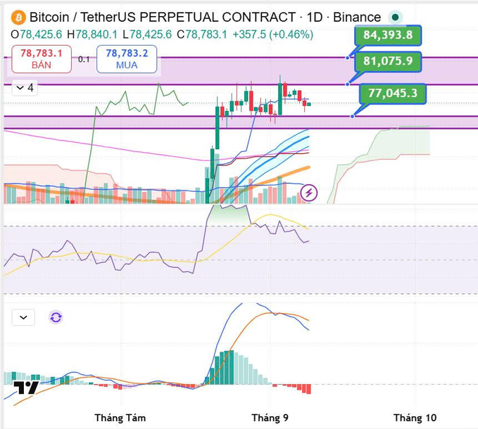 A TradingView chart showing Bitcoin/TetherUS Perpetual Contract on Binance (BTCUSDT.P) on a 1D timeframe, displaying candlestick patterns with prices around $78,783 and various technical indicators.