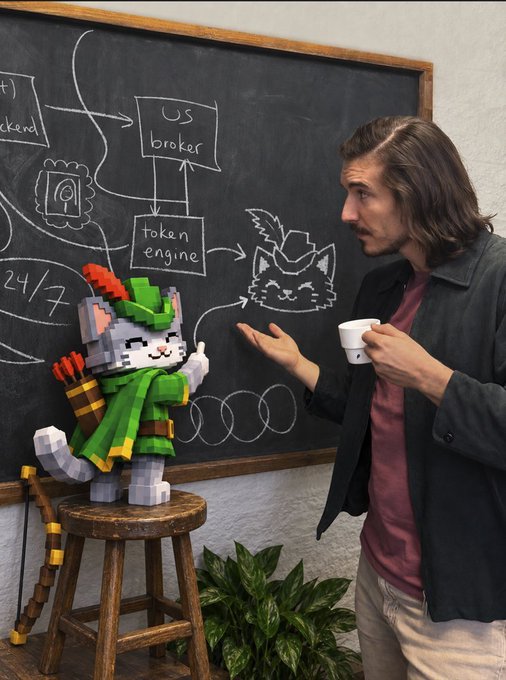 A man holding a coffee cup stands next to a pixel-art cat figurine dressed as an archer, with a chalkboard behind them showing diagrams including 'US broker' and 'token engine'.