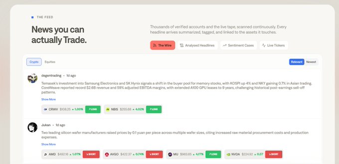 A financial news platform called "The Feed" showing the headline "News you can actually Trade," with verified posts about Samsung's $2.6B investment in SK Hynix (mentioning ORMY, NBS tickers) and Asian wafer manufacturer price hikes (AMD, AVGO, MU, NVDA tickers).