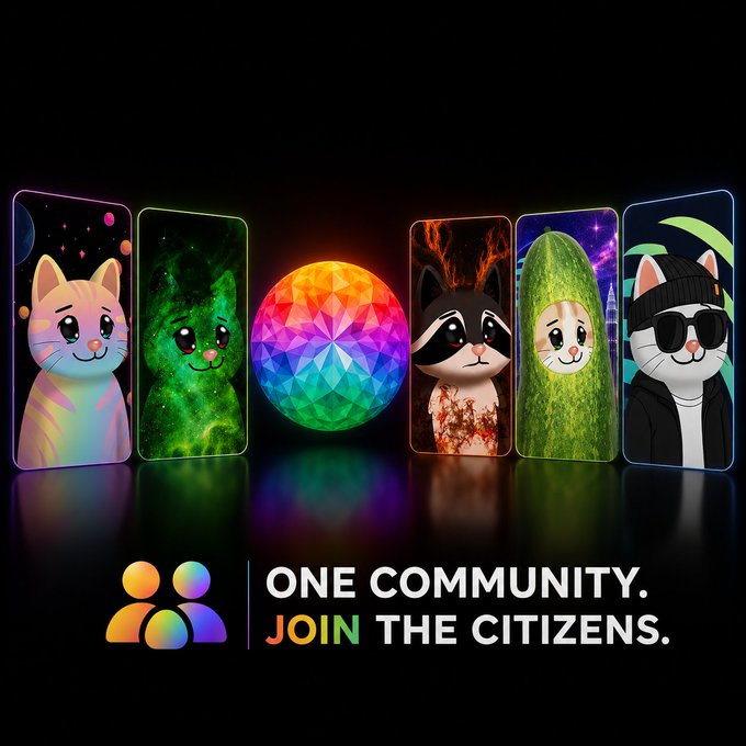 A promotional banner with the text 'ONE COMMUNITY. JOIN THE CITIZENS.' featuring five glowing cards with various cartoon animal characters (cats, a raccoon) in different themed styles, and a central colorful geometric sphere.