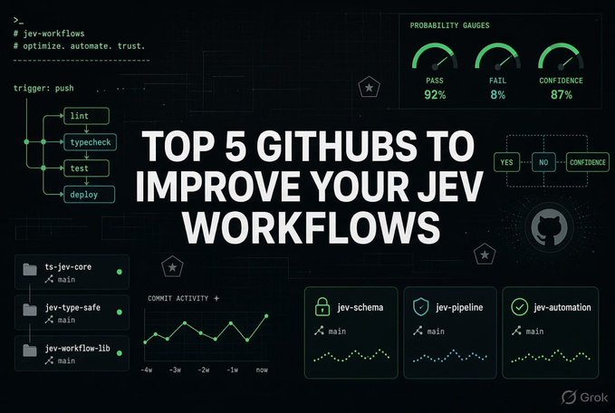 A tech-styled graphic titled "TOP 5 GITHUBS TO IMPROVE YOUR JEV WORKFLOWS" displays various dev workflow elements including probability gauges (PASS 92%, FAIL 8%, CONFIDENCE 87%), commit activity charts, and repository cards labeled ts-jev-core, jev-type-safe, jev-workflow-lib, jev-schema, jev-pipeline, and jev-automation, visually reinforcing the post's theme of showcasing GitHub tools for enhancing Jev workflows.