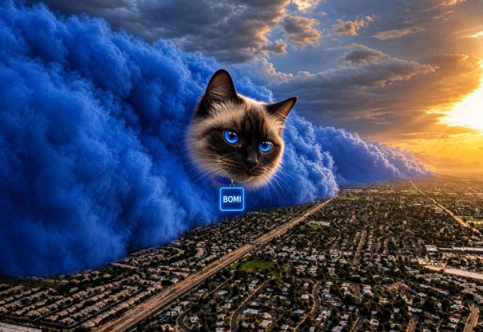 A surreal digital artwork depicts a giant Siamese cat with blue eyes emerging from a massive blue cloud, hovering over a cityscape at sunset, with a tag labeled 'BOMI'.
