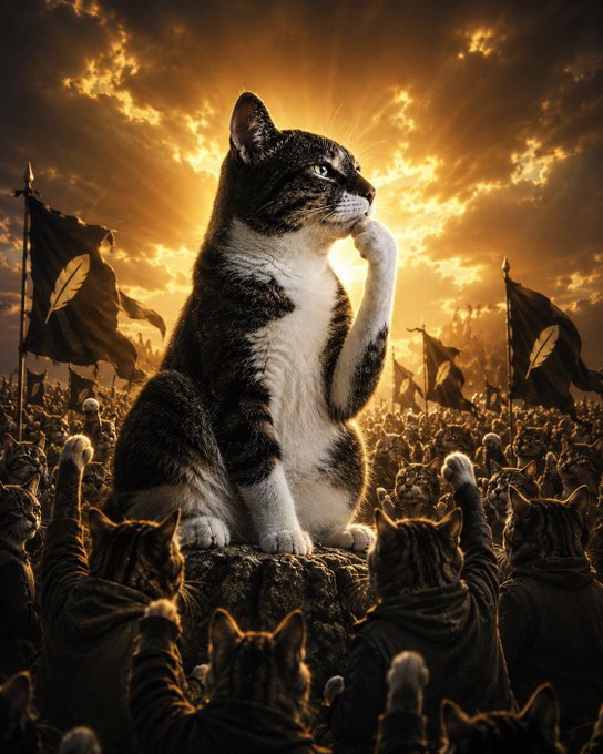 A digital illustration of a cat sitting majestically on a rock, raised paw in a thoughtful pose, surrounded by a crowd of cats with raised fists and banners under a dramatic sunset sky.