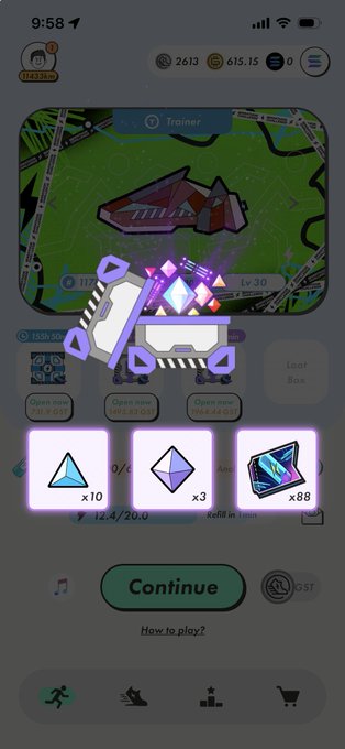 A screenshot of a mobile game showing a reward chest opening with items including blue triangles (x10), purple diamonds (x3), and blue cards (x88), with a "Continue" button below.