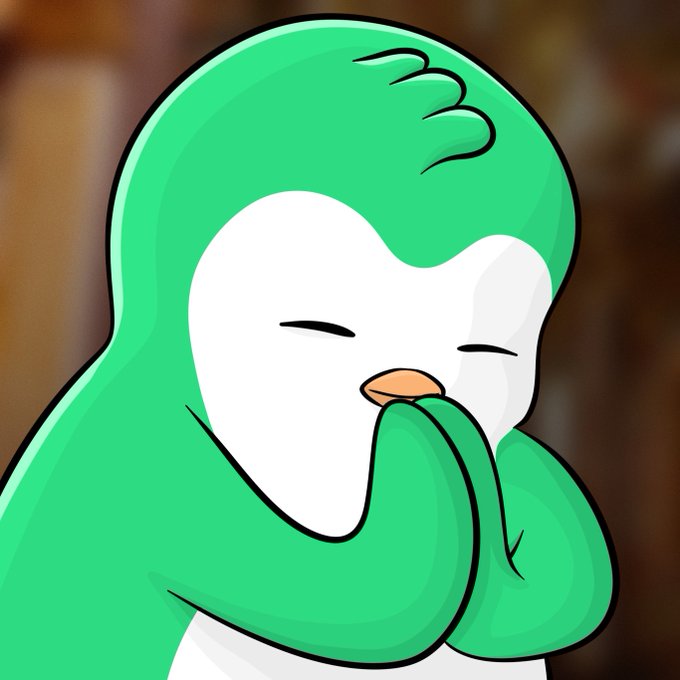 A cartoon green and white penguin mascot with closed eyes, appearing to giggle and cover its beak with its flipper. The image is a common "hehehe" reaction meme, fitting the post's playful and excited tone about Abstract's new developments and team announcement.