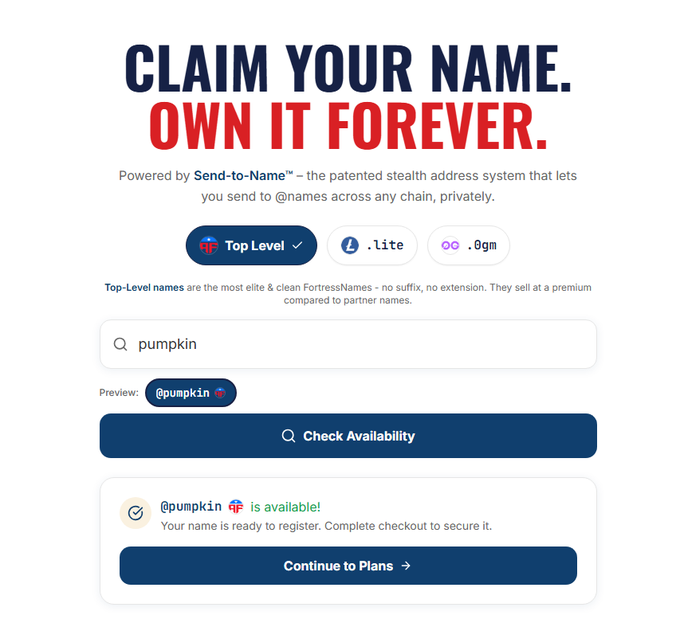 A webpage shows "CLAIM YOUR NAME. OWN IT FOREVER." with a search field for "pumpkin" powered by Send-to-Name, confirming the username @pumpkin is available.