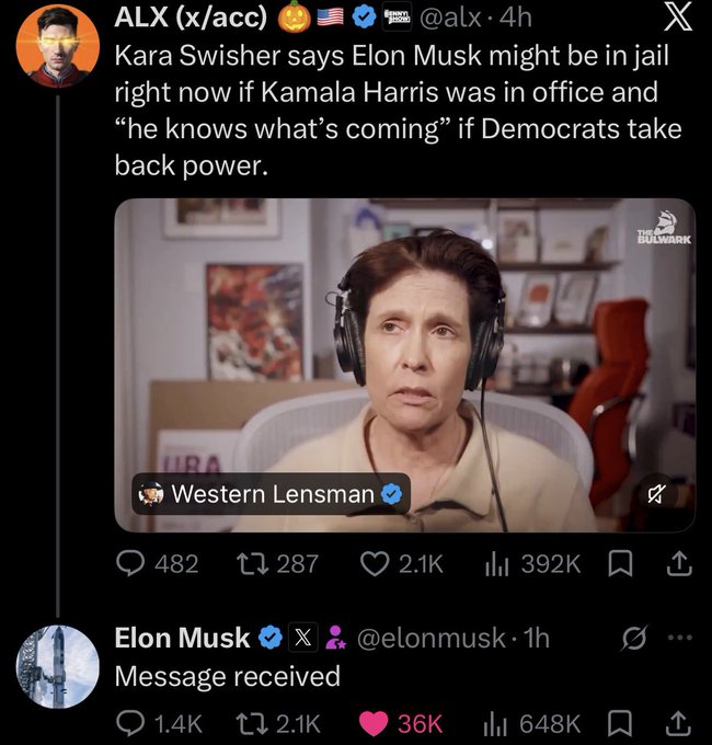 A screenshot of an X post quoting kara Swisher’s claim that Elon Musk “might be in jail right now” if Kamala Harris returns to office, alongside a video still of a woman labeled “Western Lensman.” The post’s “We all know how this ends…” caption frames the claim as implying possible legal trouble and a bleak outcome for Musk.