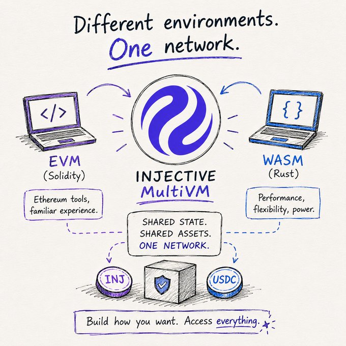 An illustrated diagram explaining the Injective MultiVM blockchain network, featuring the text 'Different environments. One network.' and showing how EVM (Solidity) and WASM (Rust) share state and assets like INJ and USDC.