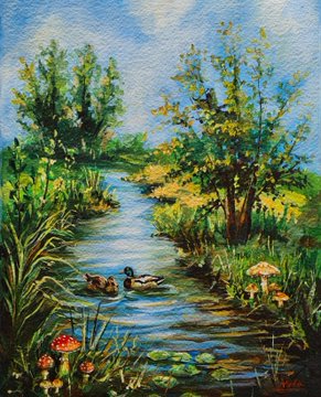 A vibrant landscape painting depicts a serene stream flowing through a lush green field, featuring ducks, water lilies, red-capped mushrooms, and trees with yellow blossoms under a blue sky.