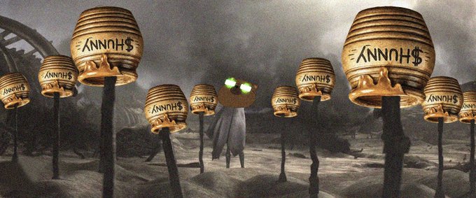 The image depicts a dark, ominous scene featuring multiple golden beehives labeled "ANNIH$" surrounding a hooded, ominous figure with glowing green eyes, visually playing on the ticker "ANNH" to symbolize the destruction or "annihilation" facing the $hunny and $pons tokens mentioned in the caption. The scene serves as a dramatic metaphor for the losses ("brave souls we lost") in the crypto market's volatility.