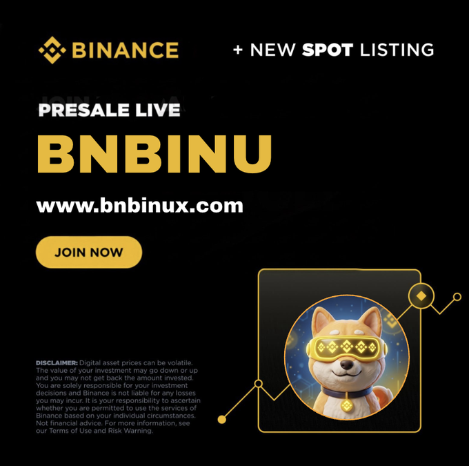 Promotional advertisement for a Binance presale listing of 'BNBINU' (referencing BNB and BNBINU tokens) at www.bnbinux.com, featuring a Shiba Inu dog wearing Bitcoin-themed sunglasses and a disclaimer about volatile digital asset prices.