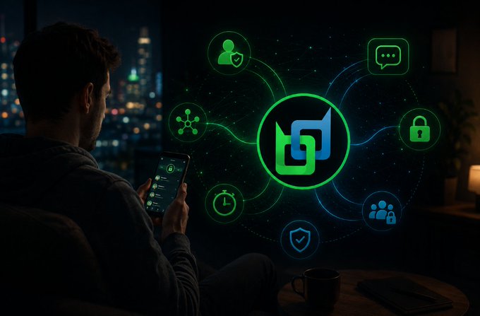 A man uses his smartphone at night against a city skyline backdrop, with a glowing digital overlay featuring the Beldex logo at the center surrounded by privacy-themed icons like a shield, lock, and user silhouette—visually reinforcing the message about BChat's decentralized, anonymous messaging that protects identity beyond just a phone number or email.