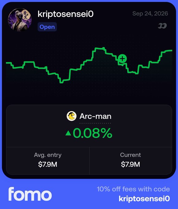 A trading interface shows the wallet 'kriptosensei0' with a position in 'Arc-man' showing a +0.08% gain, and includes a promotion for 10% off fees with the code 'kriptosensei0' on the 'fomo' platform.