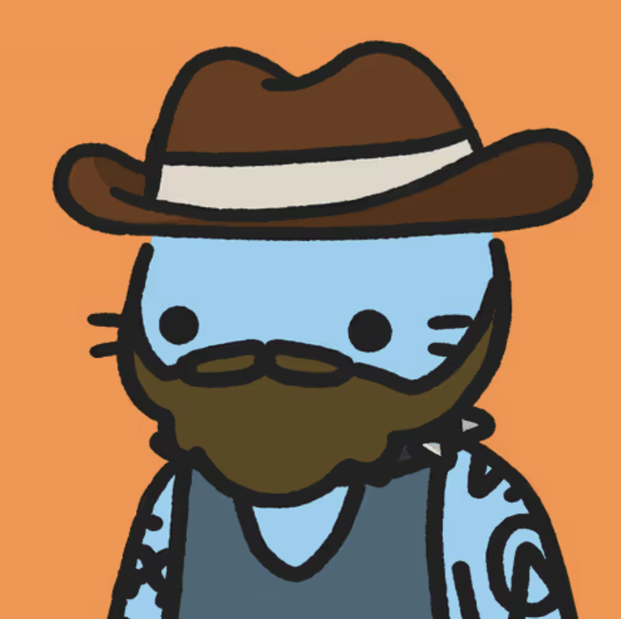 A cartoon drawing of a blue-skinned character with a brown beard, wearing a brown hat and a grey vest against an orange backdrop.