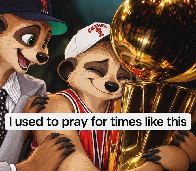 An AI-generated meme depicts two cartoon sloths hugging a golden NBA championship trophy, with one wearing a 'CHAMPS' hat and the other a '2023' cap, captioned 'I used to pray for times like this'.