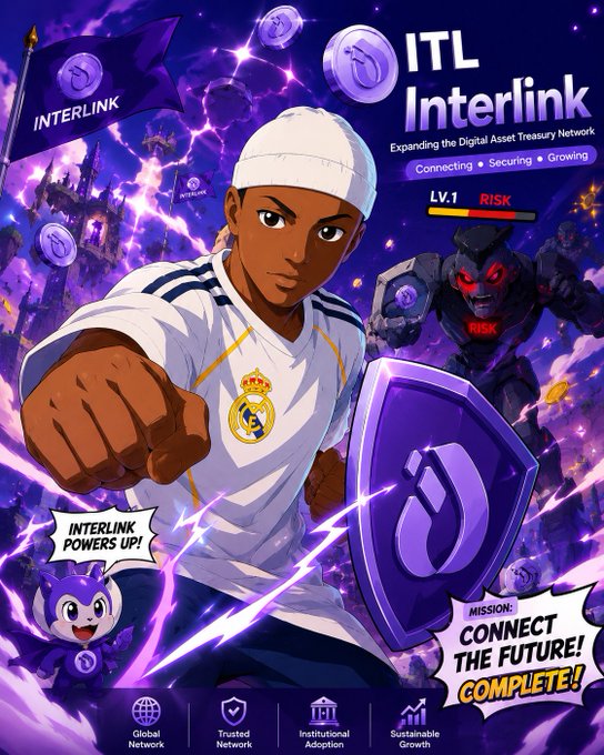 An anime-style promotional poster for 'ITL Interlink' subtitled 'Expanding the Digital Asset Treasury Network' with 'Connecting · Securing · Growing' and 'LV.1 RISK,' depicting a soccer player in a Real Madrid jersey wielding a purple shield against a villain, with the mission 'CONNECT THE FUTURE! COMPLETE!'