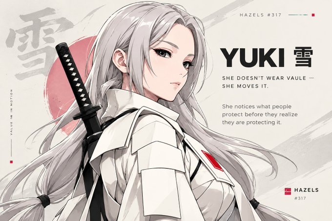 An anime-style character illustration labeled 'HAZELS #317' features 'YUKI 雪' with the text 'SHE DOESN'T WEAR VALUE — SHE MOVES IT.' and 'She moves what people protect before they realize they are protecting it.'