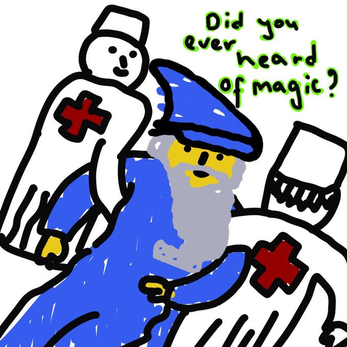 A cartoon illustration featuring a wizard in blue robes alongside two Red Cross nurses, with the text 'Did you ever heard of magic?' written above them.