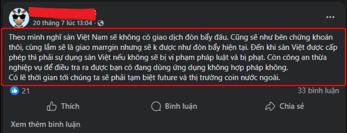 A screenshot of a Facebook post dated '20 tháng 7' discussing the future of Vietnamese stock and crypto markets if exchanges aren't approved, with 33K comments.