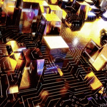 The image features a black circuit board with numerous small cubes scattered across its surface. The cubes are of various sizes and colors, creating an abstract pattern. The background of the image appears to be yellow, which contrasts with the black circuit board and adds depth to the scene. The caption above the image reads "Good afternoon famss Since I started posting about @quipnetwork i gradually understand the quantum computing. 
How it works and what is it purpose."