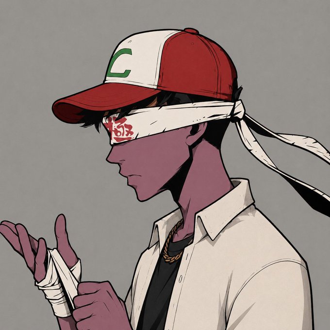 An anime-style side-profile illustration of a bandaged person wearing a red-and-white cap marked with a green “C” and adjusting hand wraps.