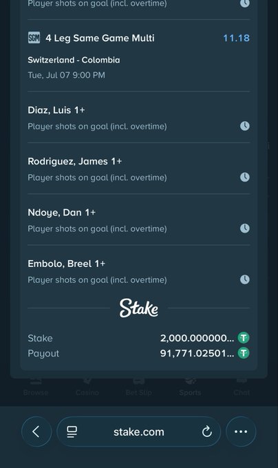 The image shows a Stake.com sports betting slip featuring a 4-leg same game multi on the Switzerland vs. Colombia match scheduled for Tue, Jul 07 at 9:00 PM, with player shots on goal picks for Diaz (Luis), Rodriguez (James), Ndoye (Dan), and Embolo (Breel), displaying a stake of 2,000.000000 and a potential payout of 91,771.02501... The image illustrates one of the high-odds betting opportunities referenced in the promotional post encouraging users to register on Stake with the welcome code "banks."