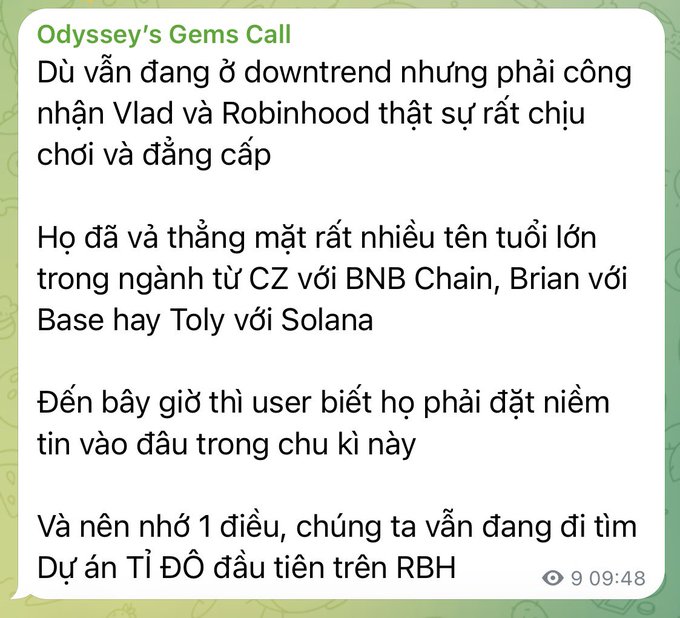 A Telegram message titled "Odyssey's Gems Call" discussing how, despite a downtrend, Vlad and Robinhood remain impressive as they "knocked out" major figures like CZ (BNB Chain), Brian (Base), and Toly (Solana), emphasizing that users must decide where to place their trust in this cycle — directly echoing the post's question about which project will become the first billion-dollar project on Robinhood's chain.