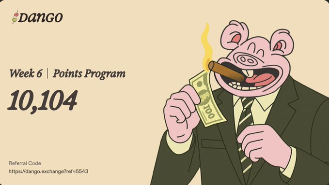 The image features a cartoon pig wearing a suit and tie holding a piece of paper with some money on it. The text "Week 6 Points Program" is displayed above the pig, indicating that this week's points program involves collecting money from users who have completed a certain number of tasks or reached specific milestones.