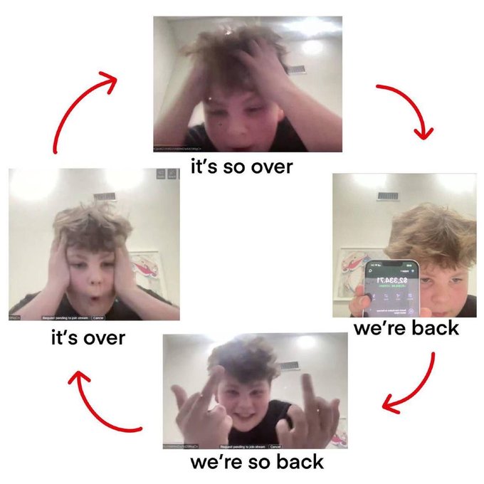 A circular meme diagram features four screenshots of a young man with captions connected by red arrows: 'it's so over' (hands in hair), 'it's over' (hands on face), 'we're so back' (middle fingers), and 'we're back' (holding a phone).