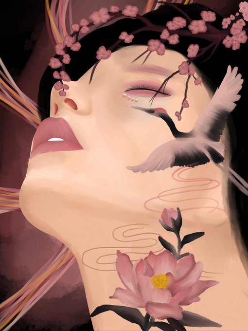 A digital painting shows a woman's serene profile in profile, adorned with cherry blossoms in her hair, a white crane flying across her face, and a pink lotus flower near her neck.