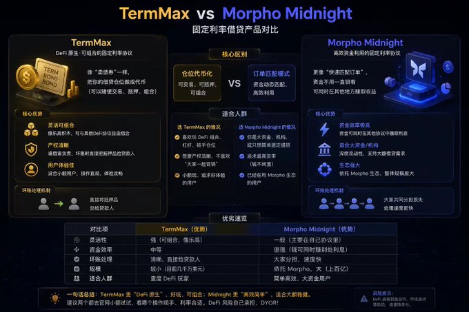 The image features a page that contains two descriptions of a trading game, TerMax vs. Morpho Midnight. The main differences between these two games are their focus areas. TerMax is known for its technology-based games like TermMax Fi, while Morpho Midnight focuses on strategy and financial analysis in the market. Additionally, both games have different objectives to achieve, with TerMax aiming to provide players with a fun gaming experience, while Morpho Midnight's goal involves learning about financial markets and making informed decisions based on data. The screen displays this information, helping potential gamers decide which game might be more suitable for their preferences or interests.